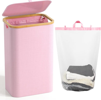 160L Laundry Hamper with Lid, 3 Section Laundry Basket with 3 Removable Bag | Clothes Hampers for Laundry with Bamboo Frame Handle, Large Dirty Clothes Hamper for Laundry Room, Bathroom, Bedroom, Black