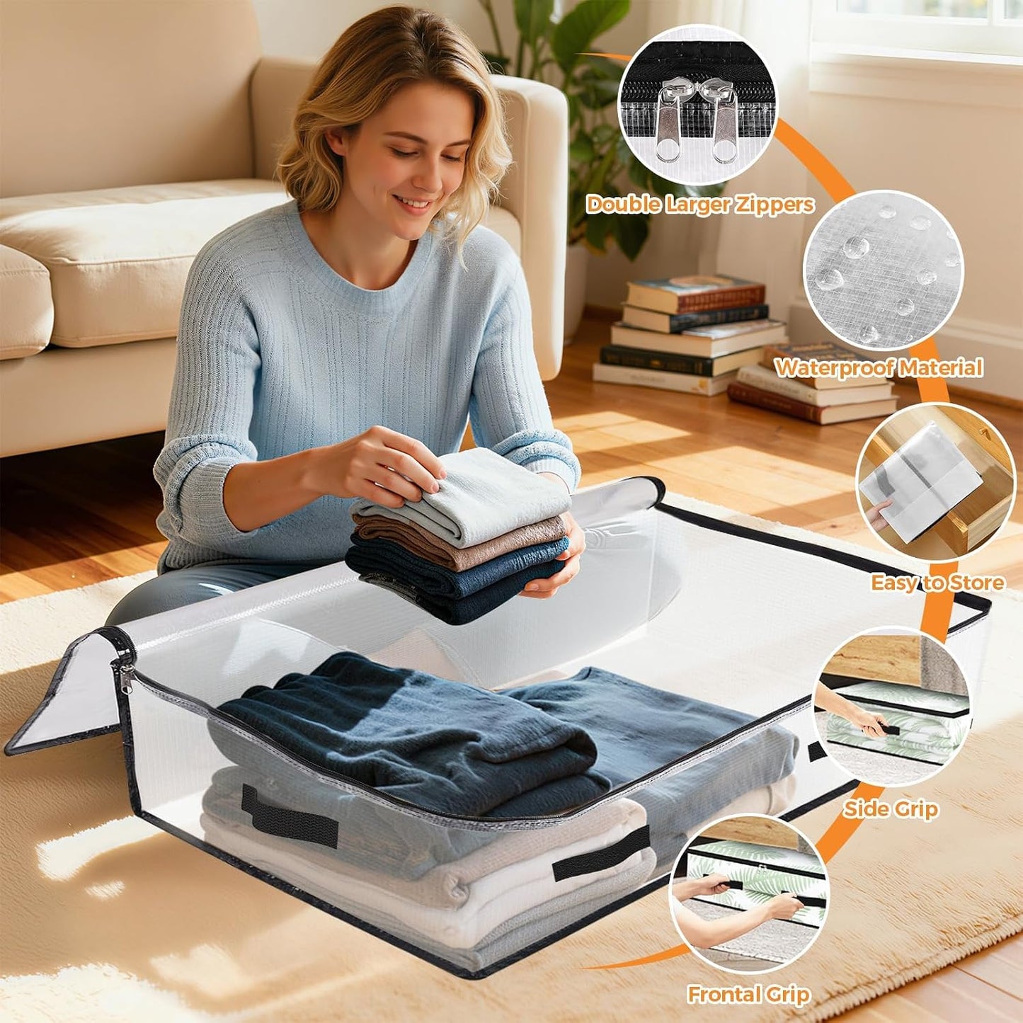 6 Pack Under Bed Storage Bags, 60L Foldable Clear Storage Containers with Handles, Dual Zippers for Comforter, Clothes, Bedding, Linen Sheets, Sweaters, Blanket Storage