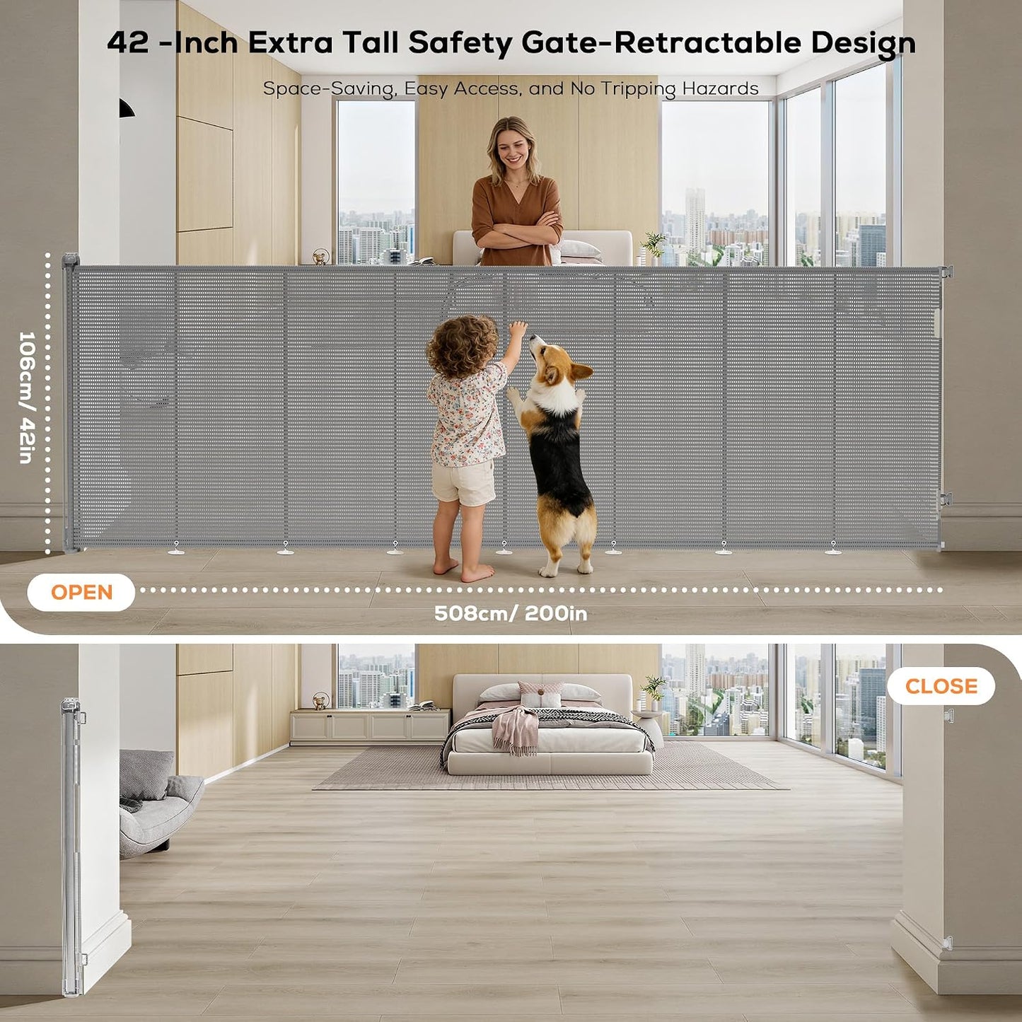 Retractable Baby Gate for Stairs, 42" Tall X 200" Wide Mesh Dog Gate Indoor, Child Gate for Doorways, Hallways, Deck, Indoor Outdoor Pet Baby Safety Essentials for Home, Black