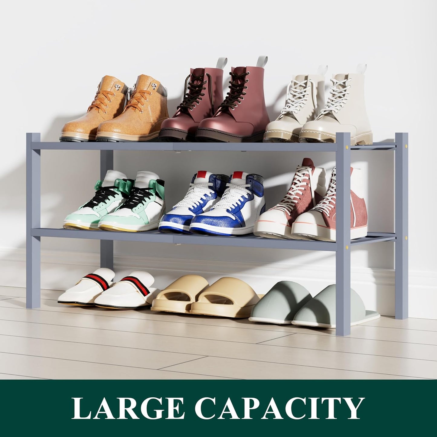 Smiry Bamboo Shoe Rack, 3 Tier Free Standing Wooden Shoe Organizer, Stackable Wood Shoe Storage Shelf for Closet, Entryway, 12 Vertical Slats, 2+1 Stack Standard Legs, 26.8"x11"x19.5", Natural