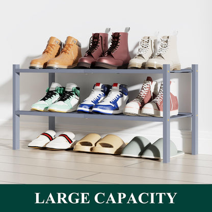 Smiry Bamboo Shoe Rack, 3 Tier Free Standing Wooden Shoe Organizer, Stackable Wood Shoe Storage Shelf for Closet, Entryway, 12 Vertical Slats, 2+1 Stack Standard Legs, 26.8"x11"x19.5", Natural
