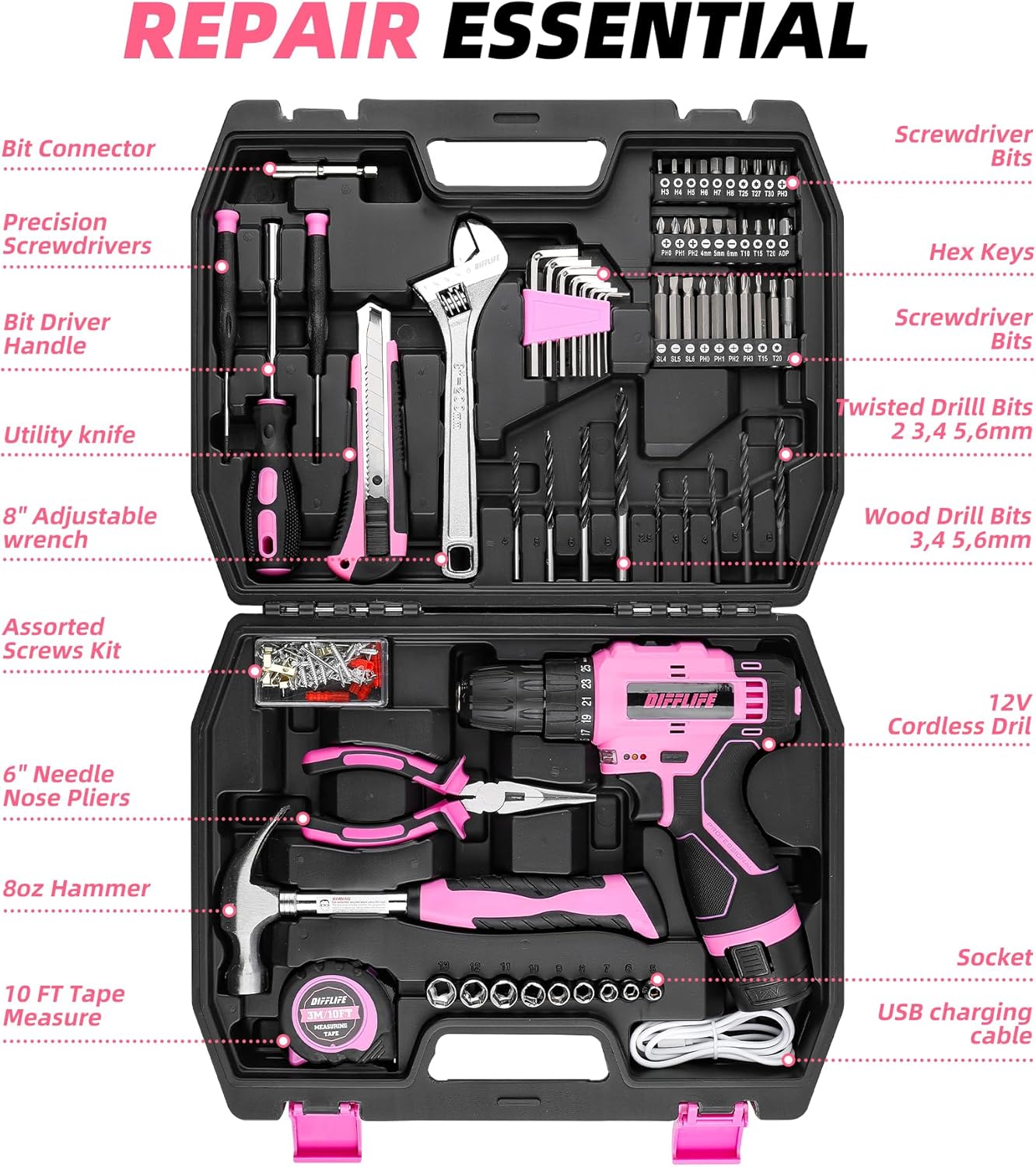 Pink Tool Set for Women, 126-Piece Lady's Power Screwdriver Cordless Rechargeable Set Home Repairing Tool Set with 13-Inch Wide Mouth Open Storage 126PCS 3.6V Electric Screwdriver Tool Bag