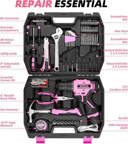 Pink Tool Set for Women, 126-Piece Lady's Power Screwdriver Cordless Rechargeable Set Home Repairing Tool Set with 13-Inch Wide Mouth Open Storage 126PCS 3.6V Electric Screwdriver Tool Bag