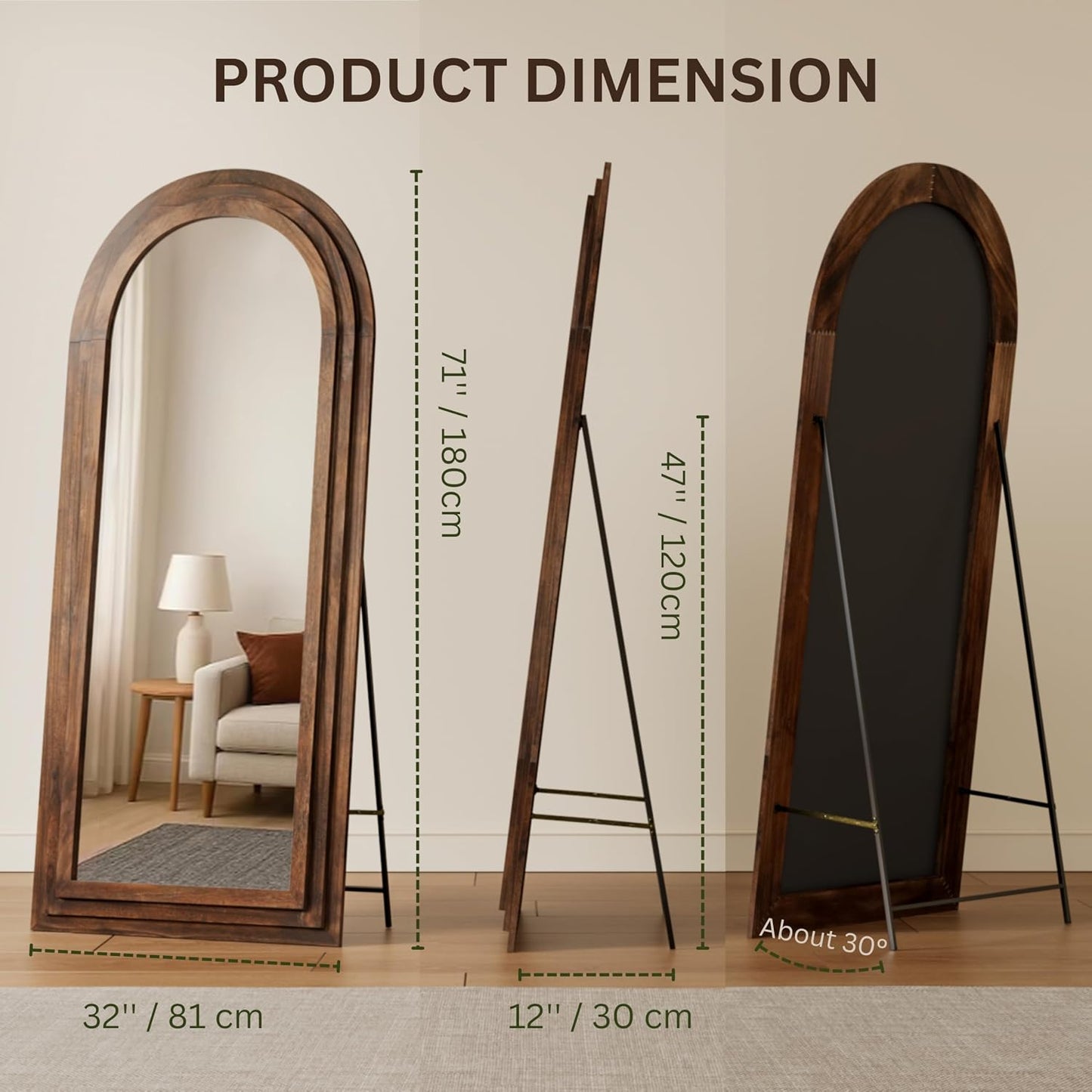 PERFNIQUE Arched Full Length Mirror with Solid Wood Frame, 71"x32" Rustic Farmhouse Wall Mounted Floor Mirror with Stand, Vertical Hanging, Leaning Standing for Bedroom, Living Room & Entryway