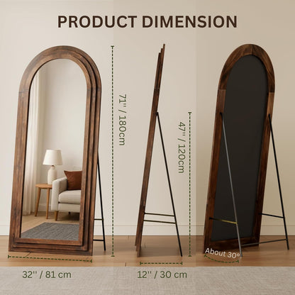 PERFNIQUE Arched Full Length Mirror with Solid Wood Frame, 71"x32" Rustic Farmhouse Wall Mounted Floor Mirror with Stand, Vertical Hanging, Leaning Standing for Bedroom, Living Room & Entryway