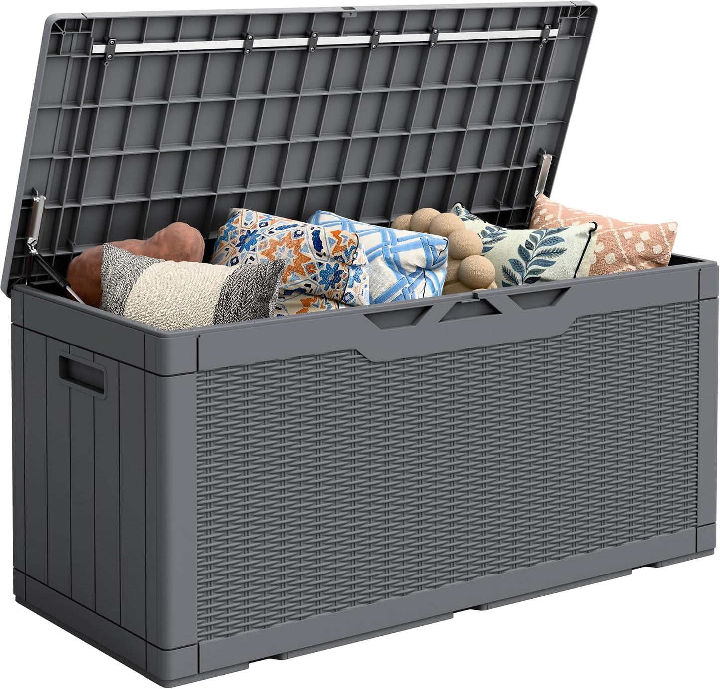 Flamaker Outdoor Storage Box 80 Gallon Resin Waterproof Deck Box Delivery Box with Wood Texture Large Storage Bin for Patio Cushions, (Grey)