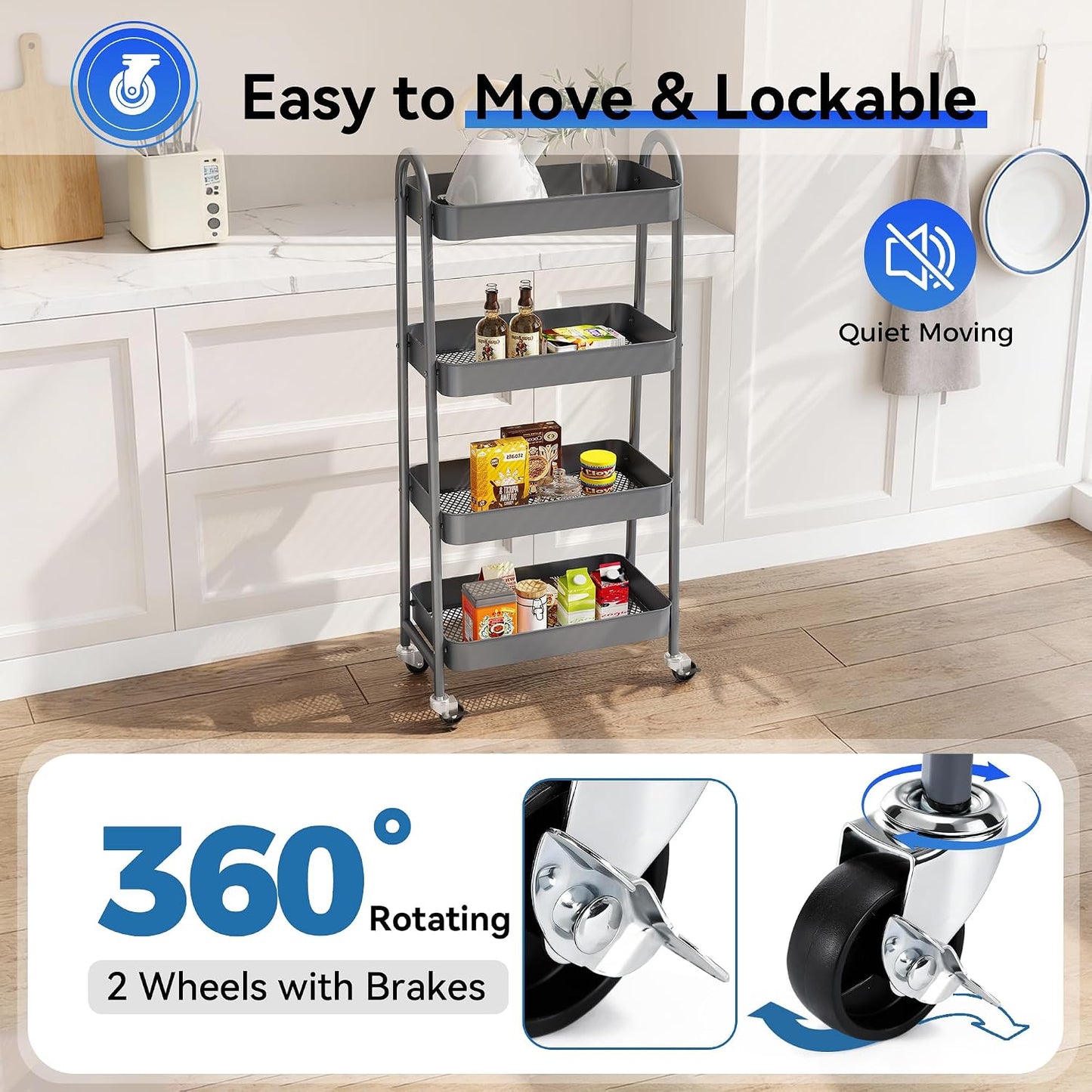 NEWBULIG 3-Tier Rolling Storage Cart, Metal Mobile Utility Organizer Shelf with Lockable Wheels, Space-Saving Freestanding Storage for Bathroom Living Room and Narrow Corner Spaces, Green