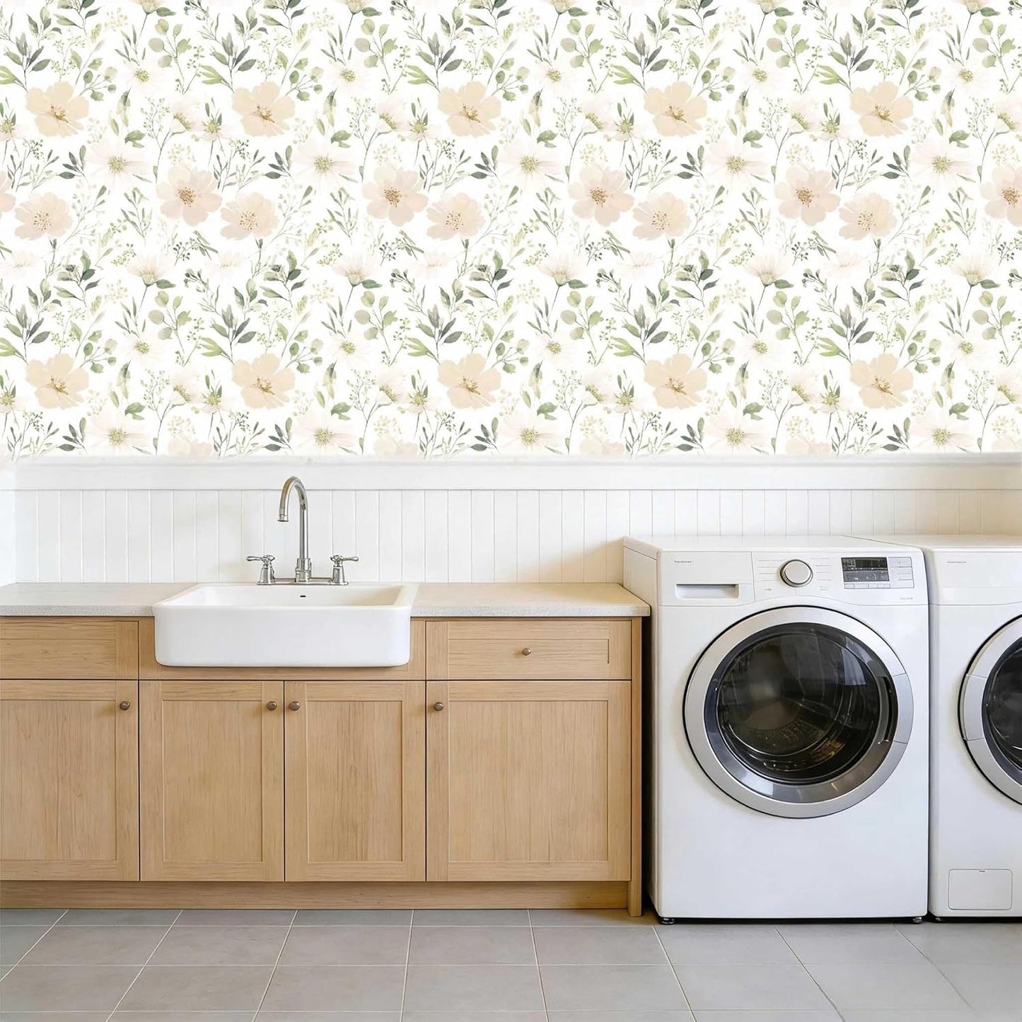 Sage Green Floral Peel and Stick Wallpaper Self Adhesive Removable Modern for Bedroom Accent Wall Renter Friendly Thick Watercolor Natural Flower Wallpaper 17.7" x 118"