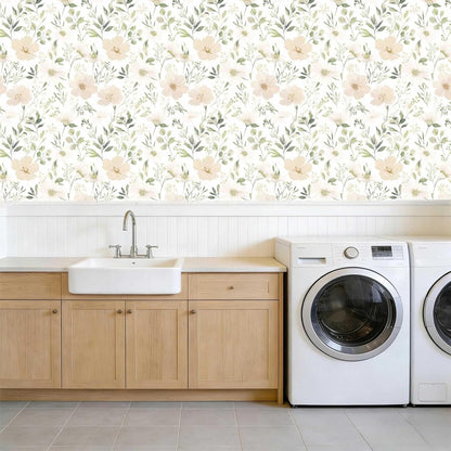 Sage Green Floral Peel and Stick Wallpaper Self Adhesive Removable Modern for Bedroom Accent Wall Renter Friendly Thick Watercolor Natural Flower Wallpaper 17.7" x 118"