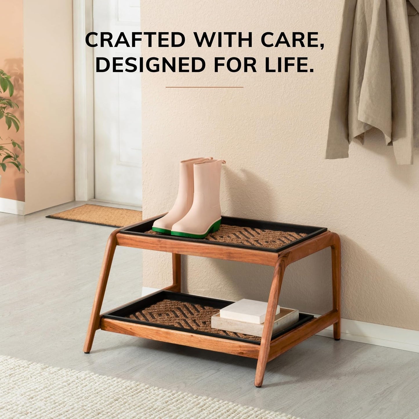 Anji Mountain Heavy Duty Waterproof Wooden Shoe Storage Mat Organizer/Boot Storage Tray Multi Use for Entryway with Coir, Tan Rectangle Embossed Insert, 1 Tier, Fits 2 Pair (26.5" Wide)