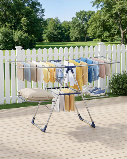 Sakugi Clothes Drying Rack, Foldable 2-Level Laundry Drying Rack with Height-Adjustable Wings, for Clothing & Bedding, Free-Standing Space-Saving Rack, Indoor & Outdoor, 55.5" L × 22.8" W, Gray