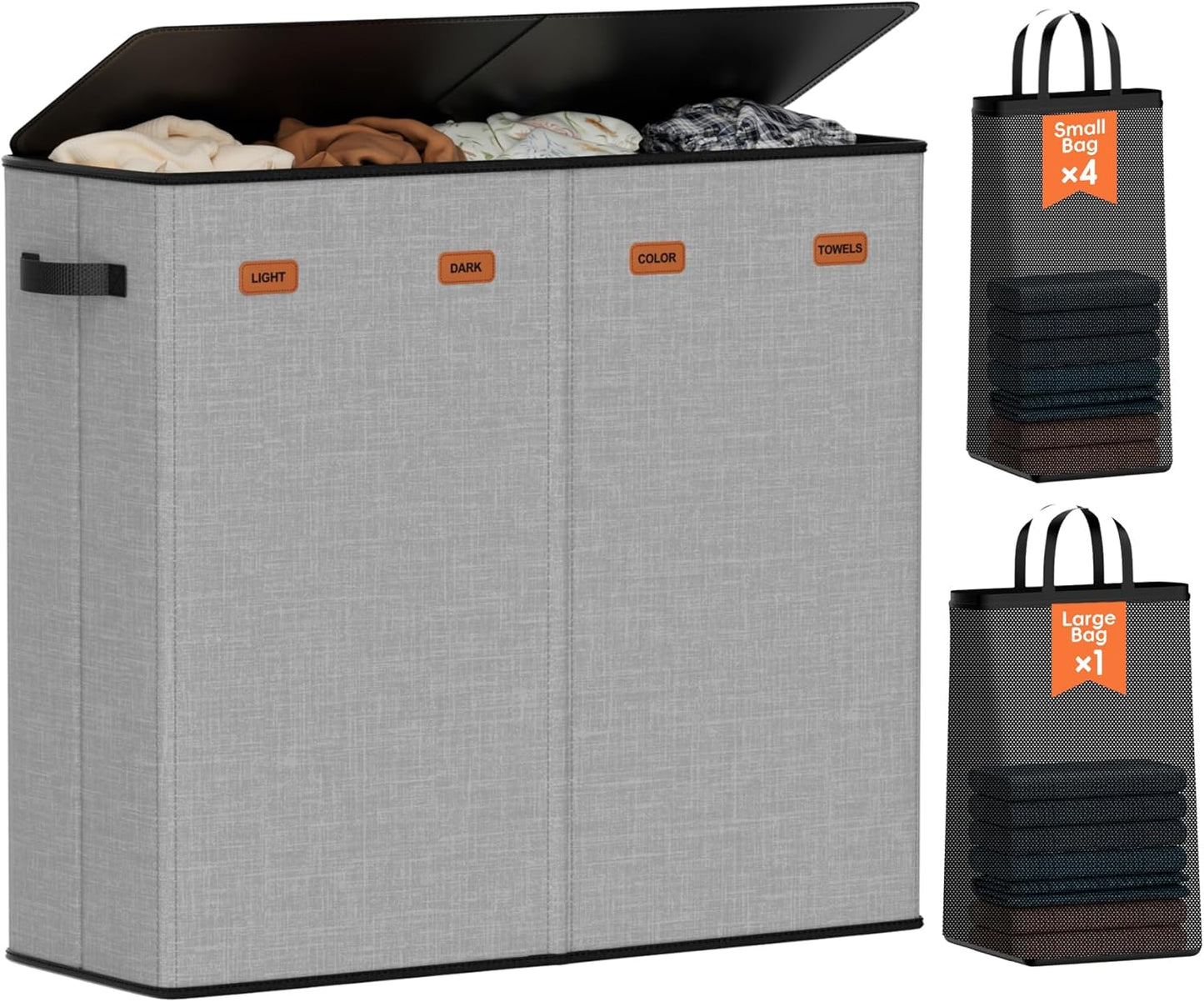 185L Laundry Hamper 3 Section, Laundry Hamper with Lid, Dirty Clothes Hamper with 3 Removable Washing Bags, Extra Large Laundry Basket Organizer for Bedroom, Laundry Room, Dorm - Black