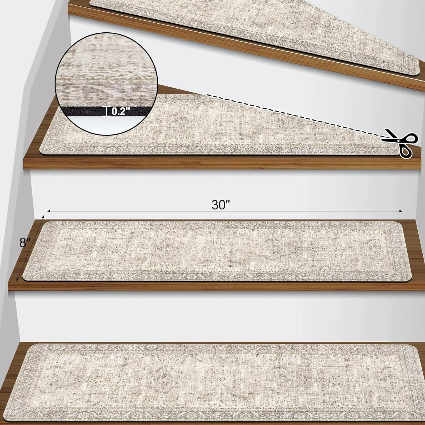 Tiveney Stair Treads Non Slip 15PCS 8"x30" Stair Runner, Rubber Backing Carpet Stair Treads for Wooden Steps, Washable Safety Carpet for Stairs Khaki Indoor Staircase Step Treads for Kids Elder Dogs