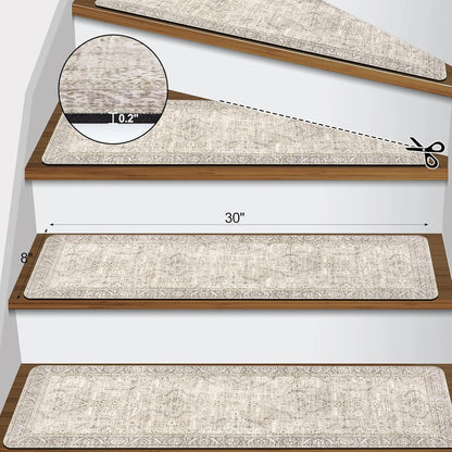 Tiveney Stair Treads Non Slip 15PCS 8"x30" Stair Runner, Rubber Backing Carpet Stair Treads for Wooden Steps, Washable Safety Carpet for Stairs Khaki Indoor Staircase Step Treads for Kids Elder Dogs