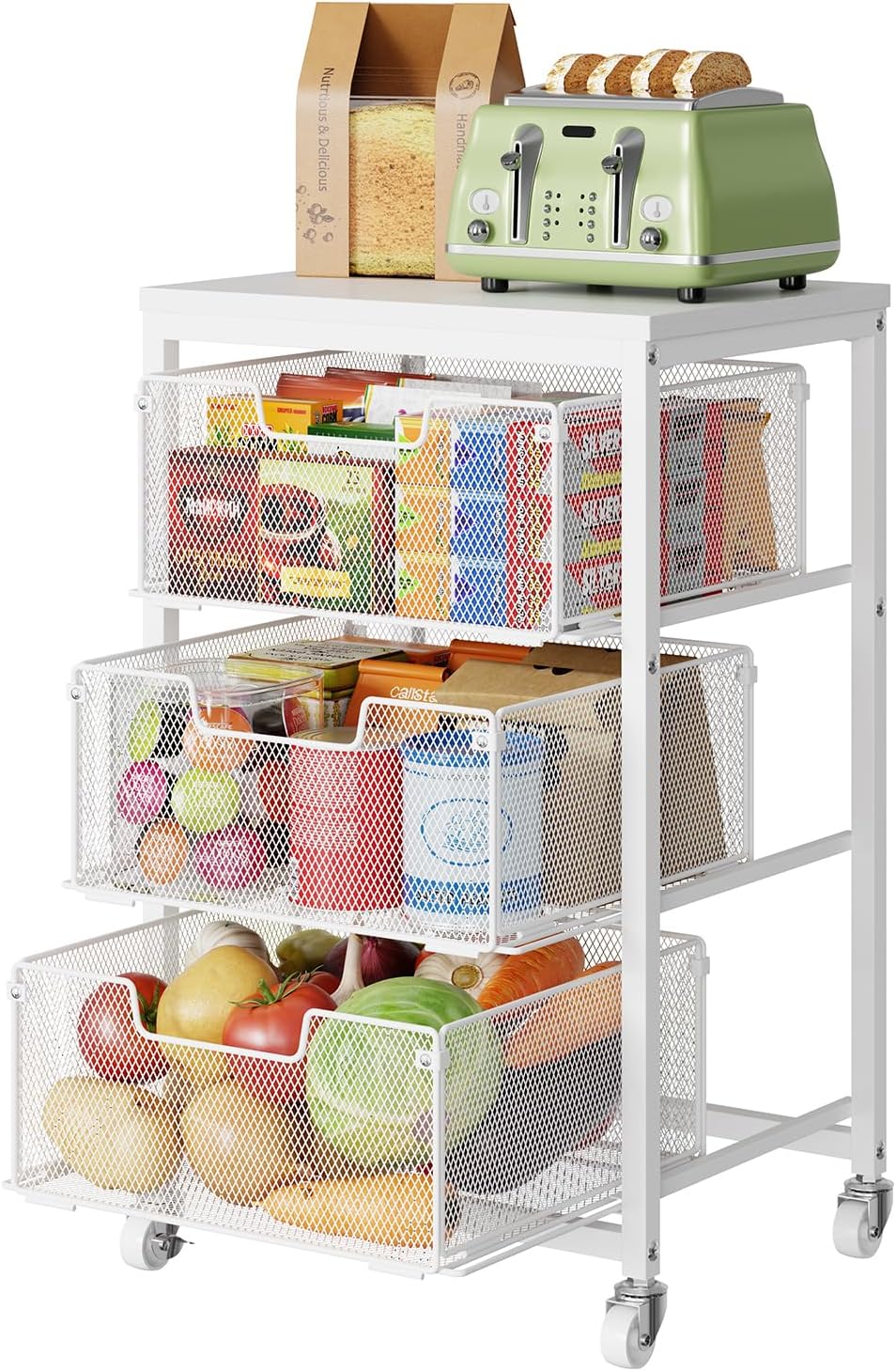 4 Tier Kitchen Rolling Cart, Kitchen Storage Cart with Wheels, Adjust Pantry Organizer and Storage Cart with Drawer, Fruit Vegetable Spice Storage Cart, Wooden Top Metal Kitchen Organizer Rack Stand