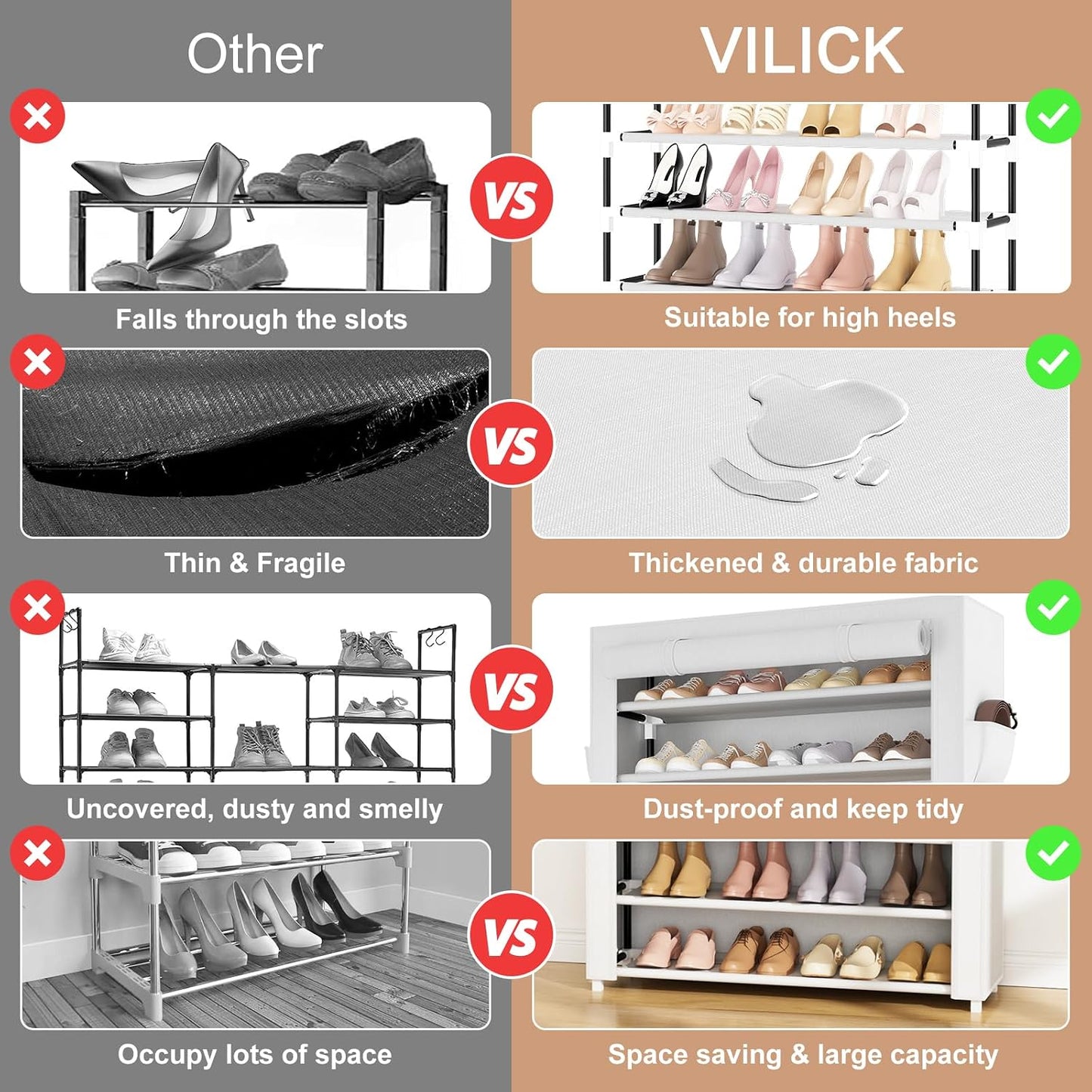 VILICK Shoe Rack with Cover Narrow Shoe Organizer with 4 Side Pockets 10 Tier Tall Shoe Storage Holds 18-22 Pairs Shoes and Boots Shoe Rack for Closet Entryway Garage