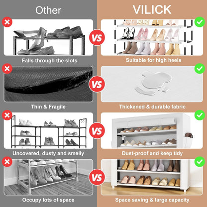 VILICK Shoe Rack with Cover Narrow Shoe Organizer with 4 Side Pockets 10 Tier Tall Shoe Storage Holds 18-22 Pairs Shoes and Boots Shoe Rack for Closet Entryway Garage