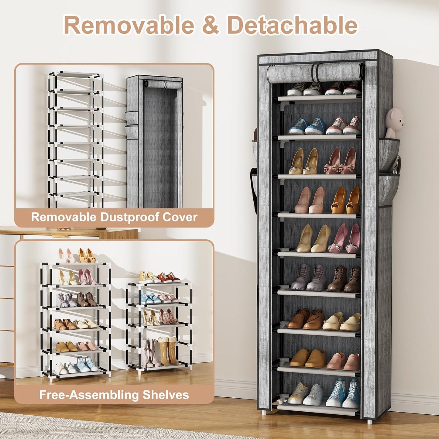 VILICK Shoe Rack with Cover Narrow Shoe Organizer with 4 Side Pockets 10 Tier Tall Shoe Storage Holds 18-22 Pairs Shoes and Boots Shoe Rack for Closet Entryway Garage