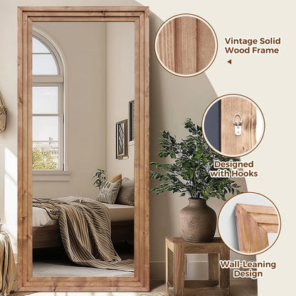 65"x22" Full Length Mirror Solid Wood Frame Floor Mirror with Stand for Living Room, Bedroom Hanging Standing or Leaning, Brown