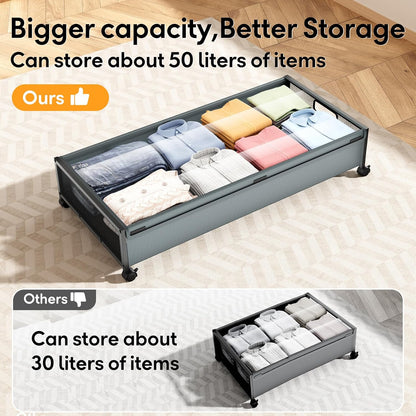 Under Bed Storage Containers with Wheels 2 Pack Underbed Shoe Storage Bedroom Storage Bins Organizer Large Capacity Under Bed Storage with Lid for Clothes Shoes Toys Blankets (Black)