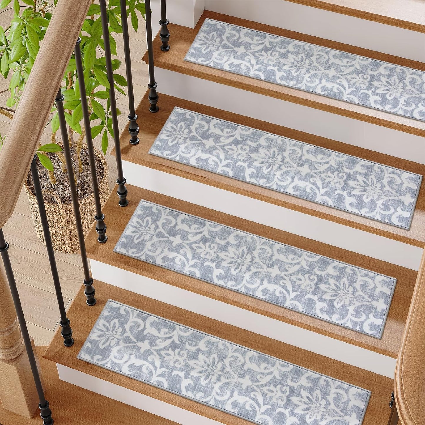 Lahome Carpet Stair Treads Non Slip Backing, 15 Pack 8" X 30" Stair Treads for Wooden Steps Indoor, Soft Washable Stairway Stair Runners Oriental Staircase Rugs for Kids Pets Elders(15pc, Grey)