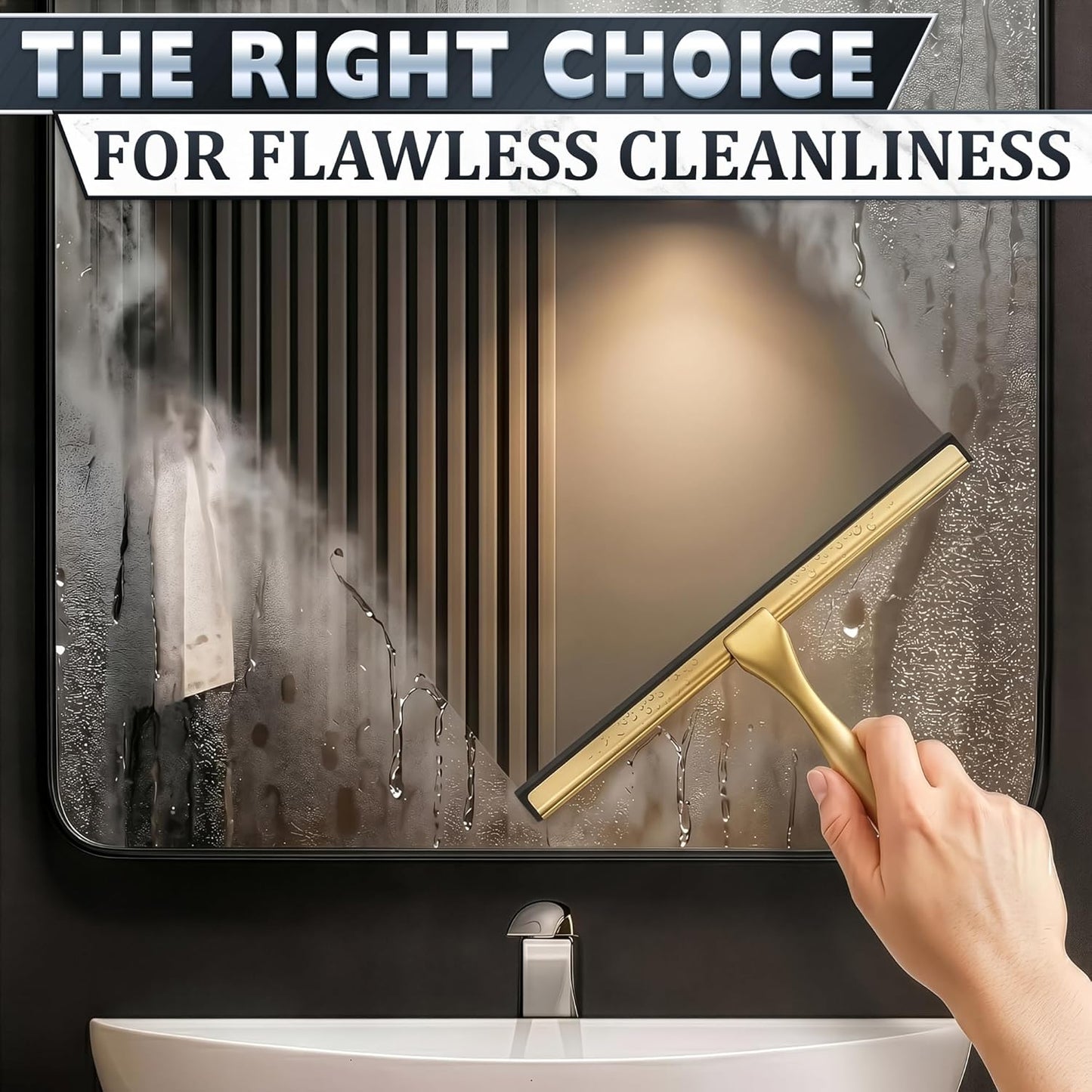 Shower Door Squeegee with Adhesive & Hanging Hooks, 12" Silicone Blade - Stainless Steel All-Purpose Squeegee for Shower Glass, Bathroom Mirror Cleaner Tool Suitable for Tile Walls - Multi-Surface Use