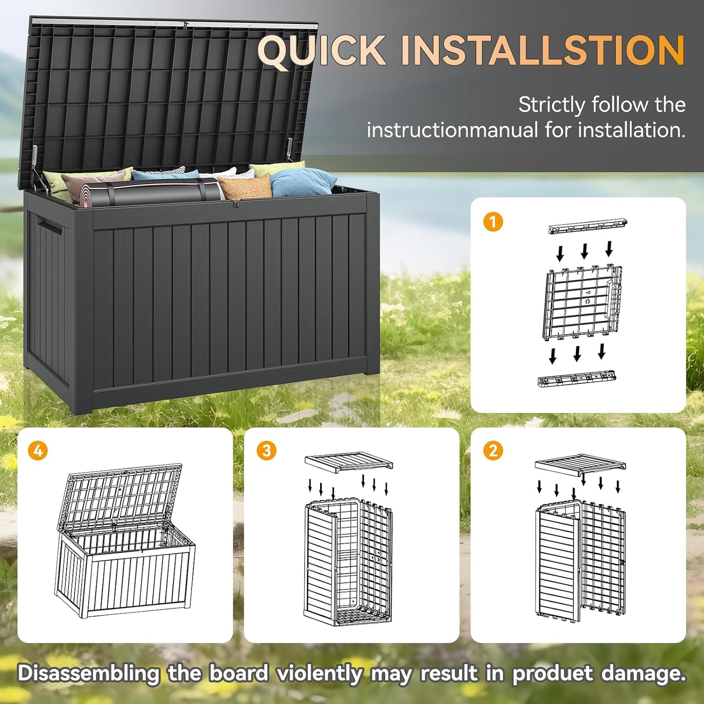 NUNU LAB Outdoor Storage Box, 45 Gallon Outside Deck Box Waterproof, Resin Outdoor Storage Cabinet With Lockable Lid, Backyard Storage Bench For Garden Tools, Patio Cushions, Pool Tools, Black