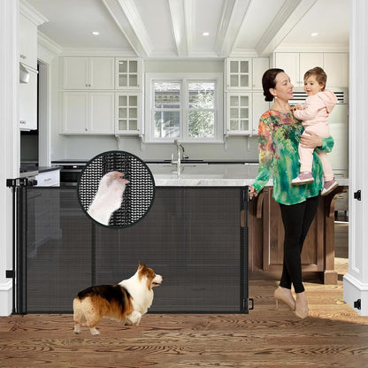 Reinforced 60" Wide Retractable Baby Gates with Upgraded Rods - Bottom Anti-Escape, 5 ft Mesh Baby Gate Retractable Dog Gate Indoor Pet Gate Retractable Stair Gate Outdoor Retractable Gate, Black