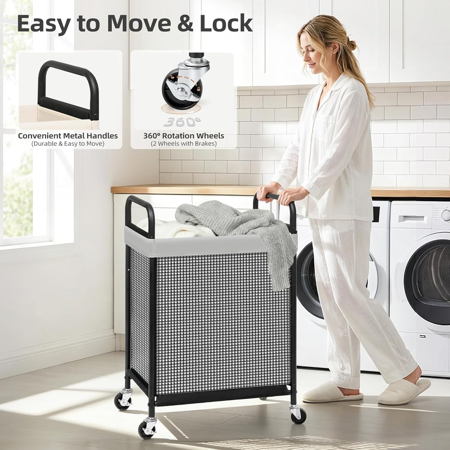 STORAGE MANIAC Rolling Laundry Hamper with Wheels 3-Section Laundry Sorter Rolling Laundrys Basket on Wheels with Removable Bag Clothes Hamper Laundrys Organizer Cart Bathroom Bedroom 120L Beige