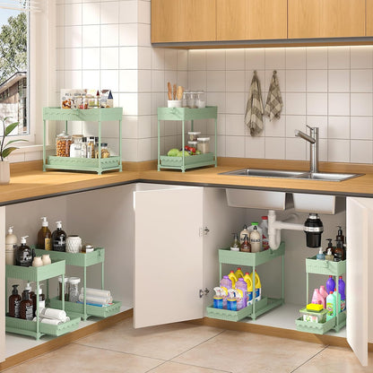 Sevenblue 4-Pack 2-Tier Under Sink Organizer with Pull Out Drawers | Multi-use kitchen & bathroom storage. Includes hanging hooks and cups. Black, space-saving cabinet design.