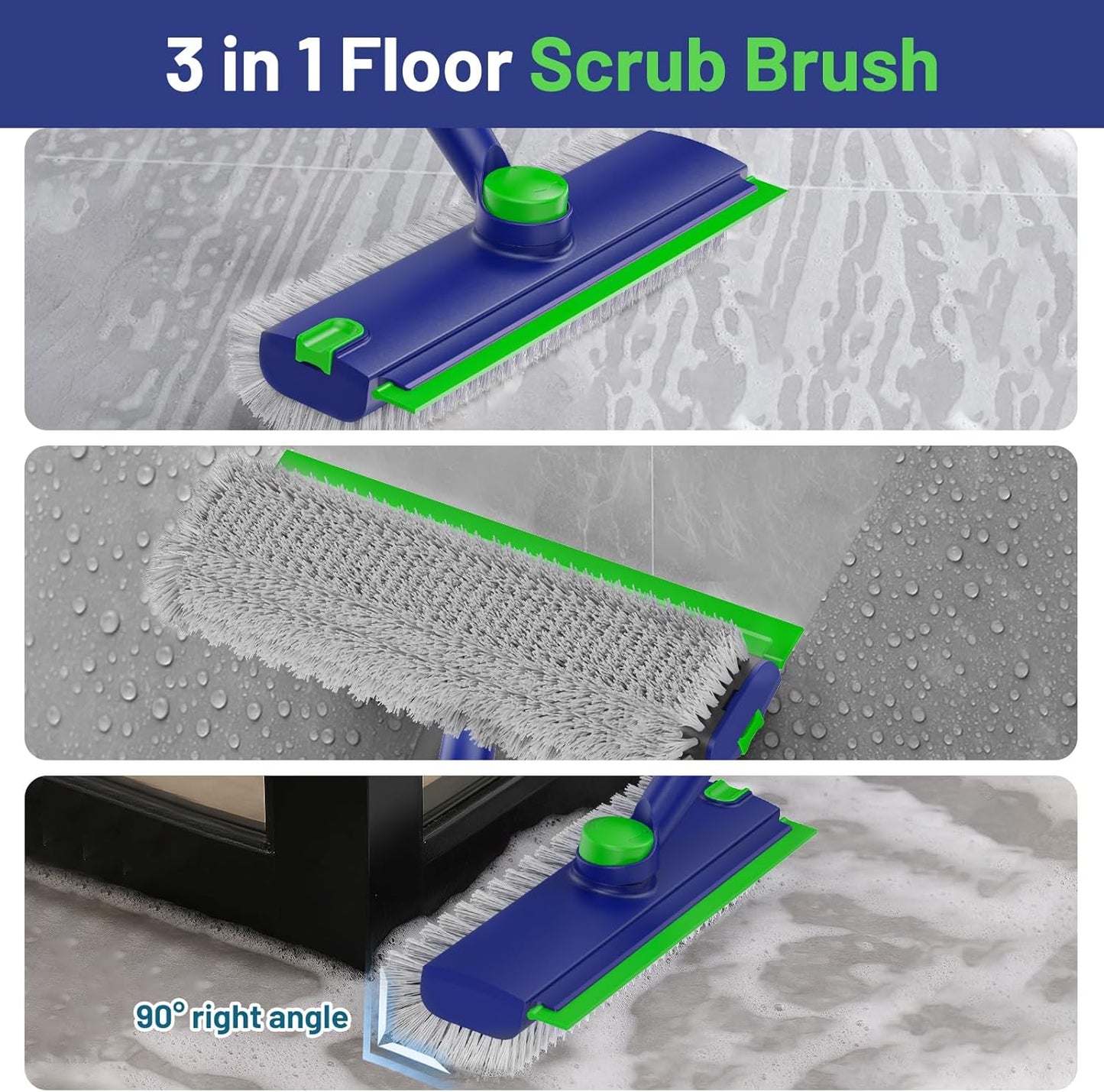 3 in 1 Floor Scrub Brush with Long Handle & Squeegee | Heavy-Duty, Adjustable, 360° Rotating Head for Cleaning Tile Bathroom Deck Kitchen Patio, Blue