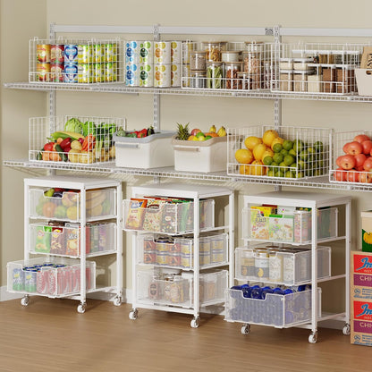 4 Tier Kitchen Rolling Cart, Kitchen Storage Cart with Wheels, Adjust Pantry Organizer and Storage Cart with Drawer, Fruit Vegetable Spice Storage Cart, Wooden Top Metal Kitchen Organizer Rack Stand