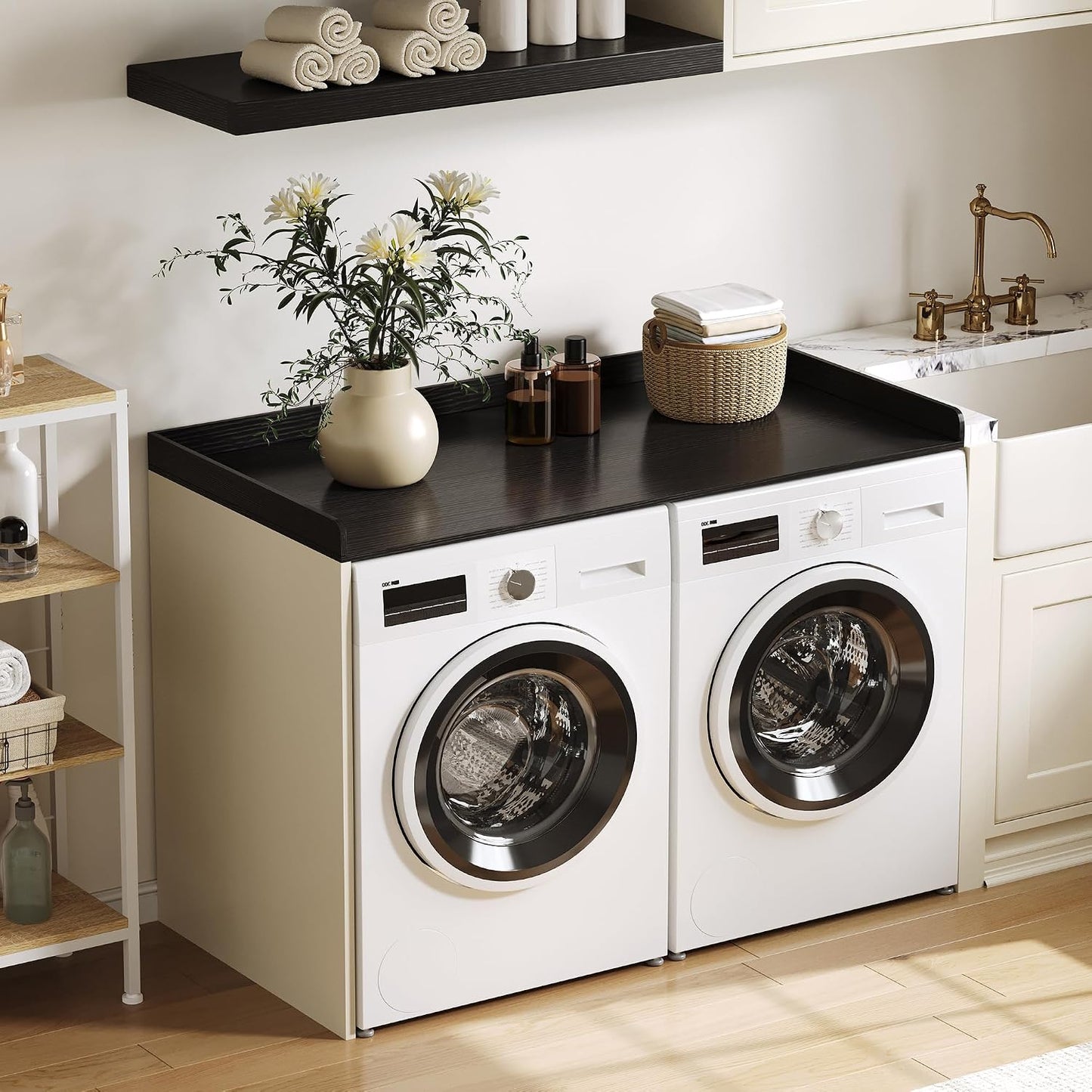 ChooChoo 2-Tier Washer Dryer Countertop with Adjustable Shelf, Spacious Laundry Room Storage for Folding Clothes and Efficient Organization, Walnut