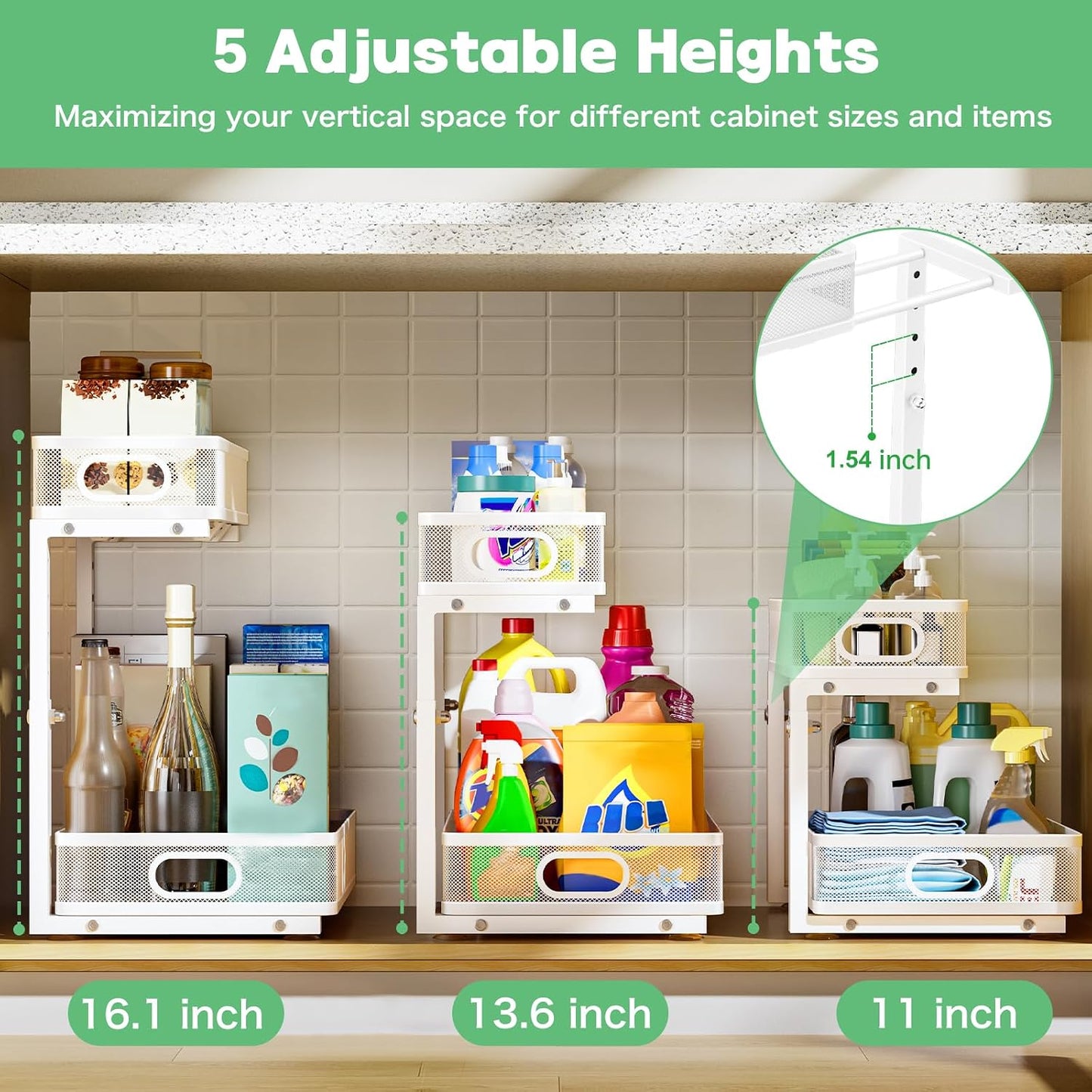 Under Sink Organizer 2 Pack, High Adjustable 2 Tier Under Sink Organizers and Storage, Slide out Metal Cabinet Organizers, Pull out Storage Drawer Shelf for Kitchen Bathroom Cabinet (Black-1pack)