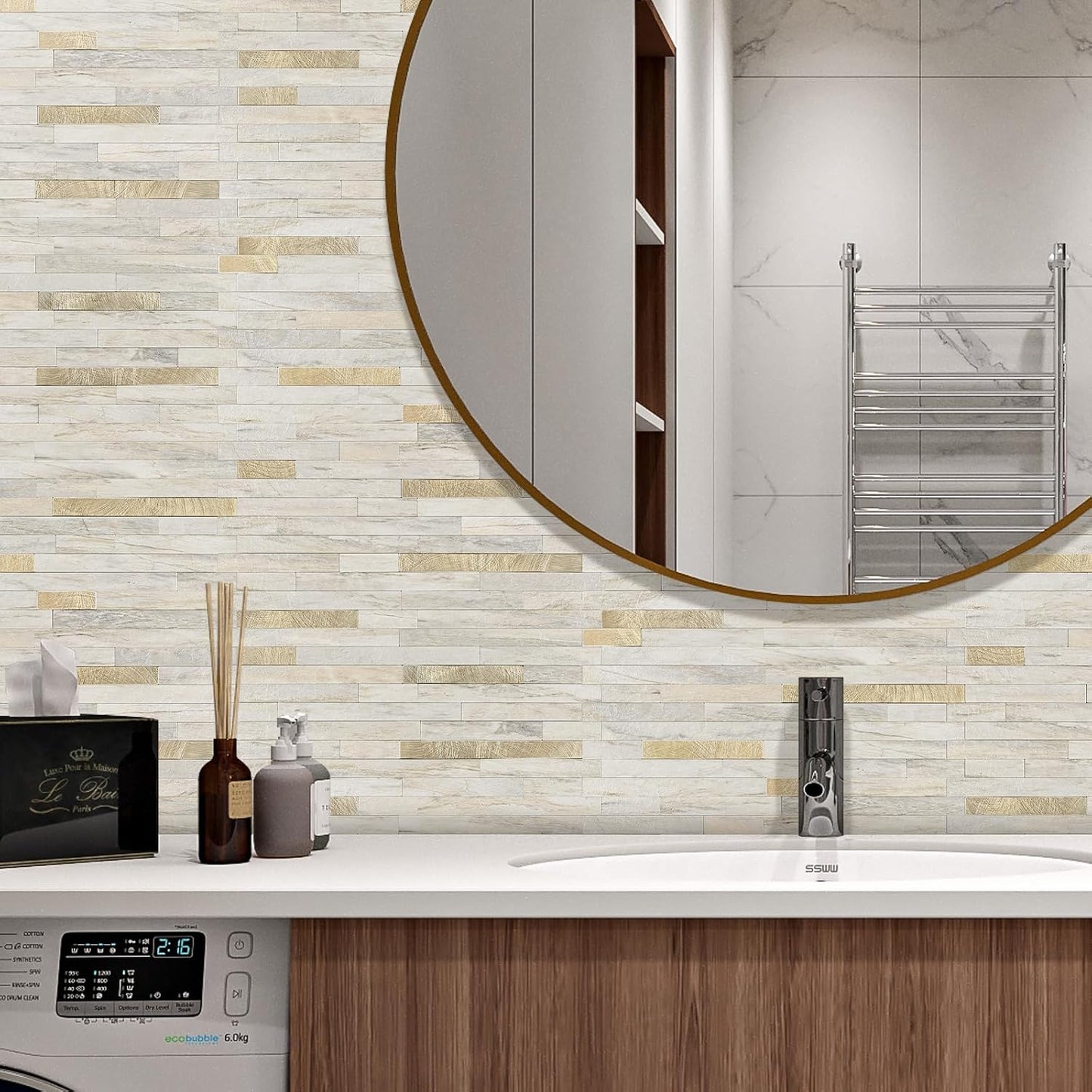 STICKGOO 20 Sheets Peel and Stick Backsplash Tile, Stick on Backsplash for Kitchen and Bathroom, White Sandstone Look PVC Mixed Metal Gold Self Adhesive Wall Tiles