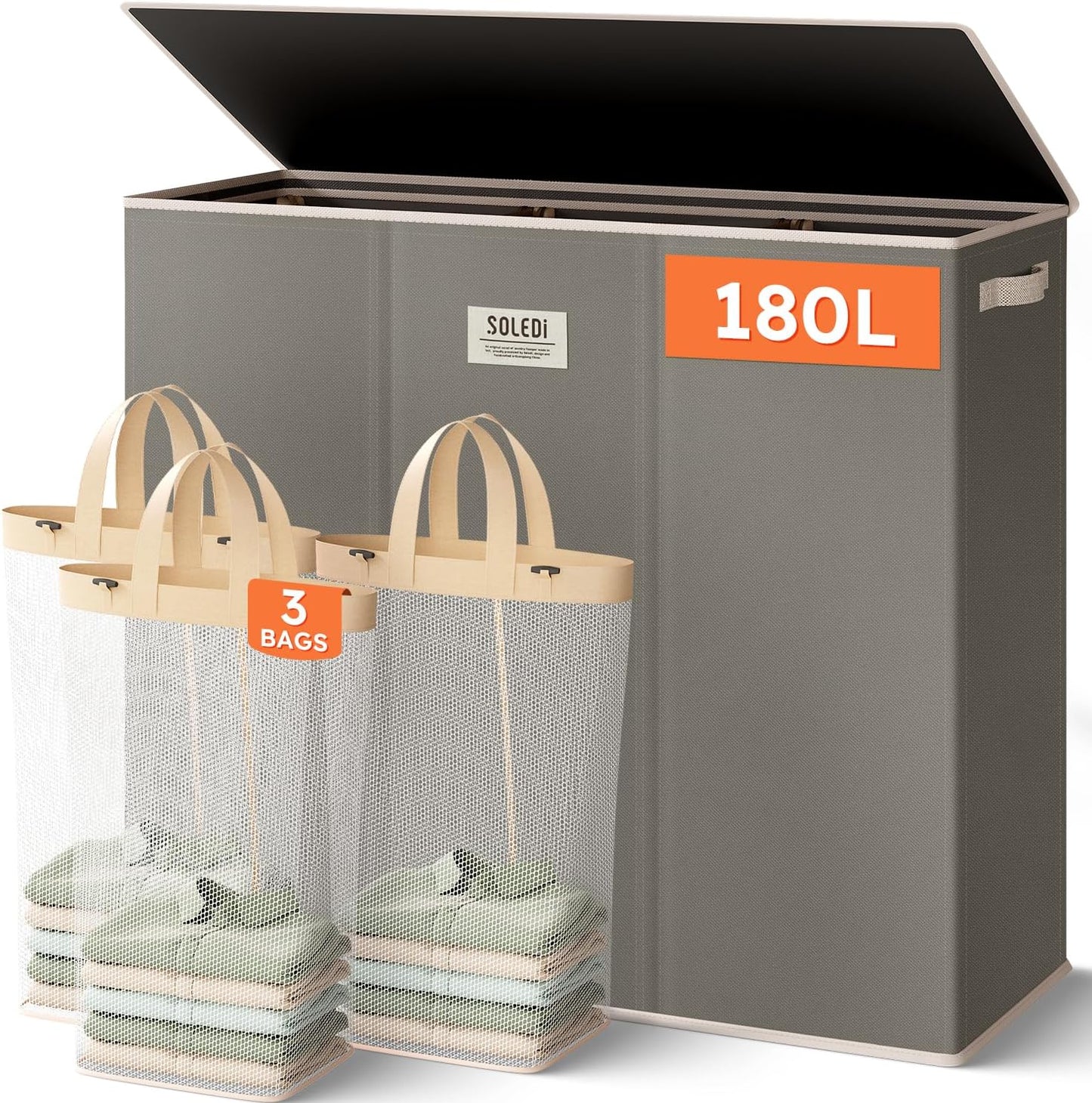 SOLEDI 180L Laundry Hamper 3 Section, Extra Large Laundry Hamper with Lid, Dirty Clothes Hamper with Sturdy Handle, Large Laundry Basket Organizer for Laundry Room, Bedroom, Hampers for Laundry