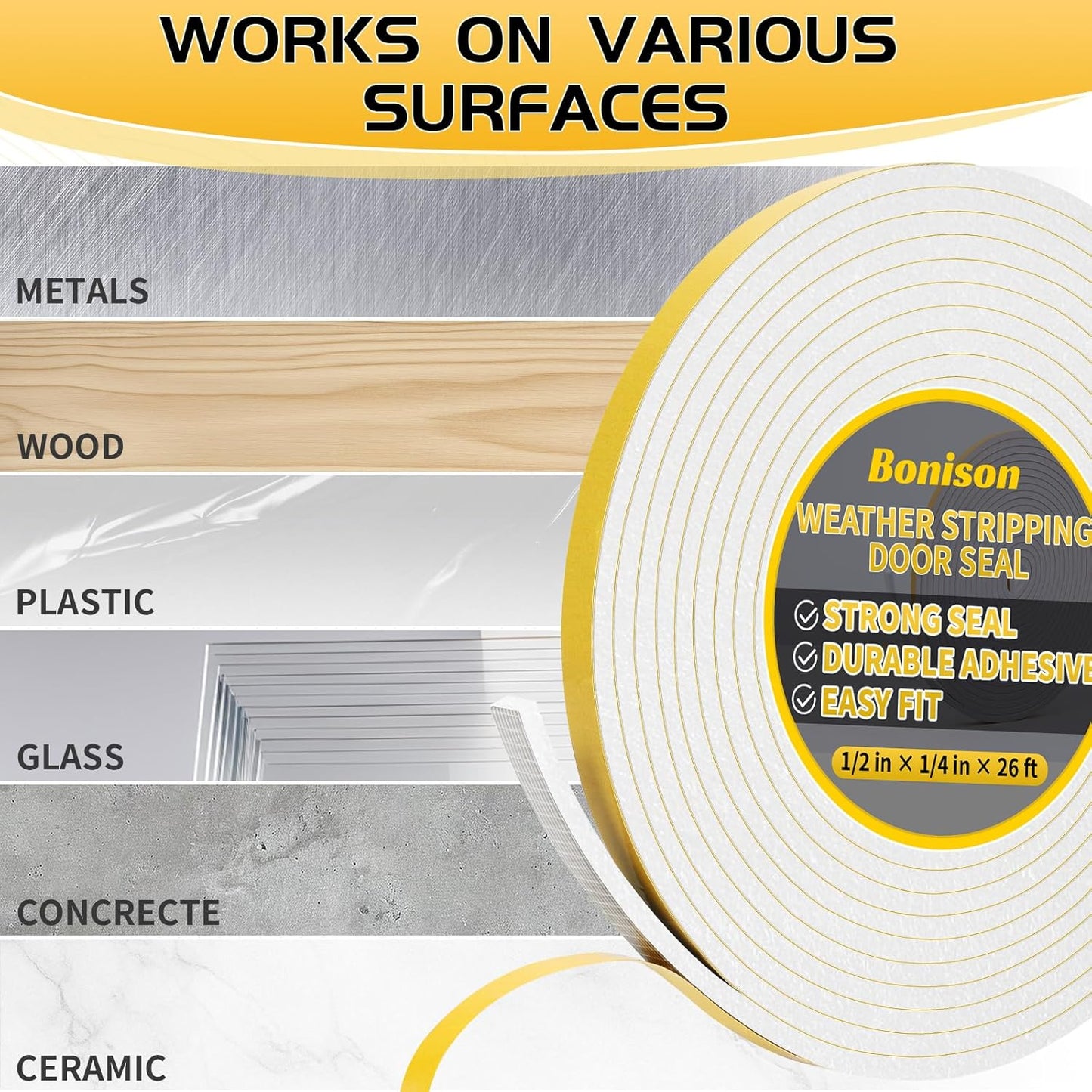 26Ft Weather Stripping Door Seal - 1/2" x 1/4" Door Seal Strip for Door Frame, High Density Foam Insulation Tape, Self Adhesive, Soundproof Gap Filler for Doors, Windows, Sliding & AC Units, White