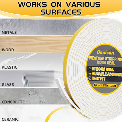 26Ft Weather Stripping Door Seal - 1/2" x 1/4" Door Seal Strip for Door Frame, High Density Foam Insulation Tape, Self Adhesive, Soundproof Gap Filler for Doors, Windows, Sliding & AC Units, White