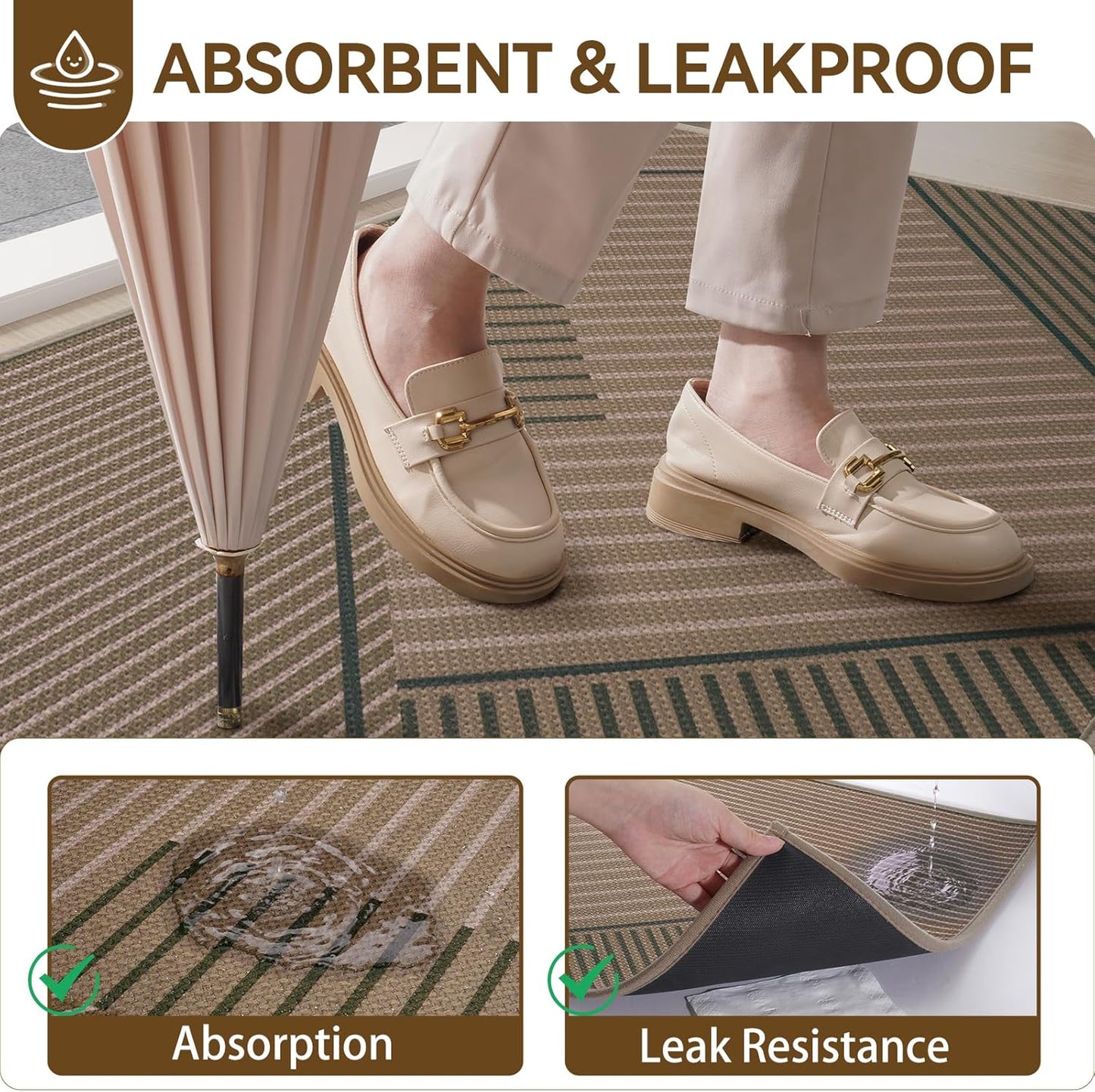Front Door Mat 17''x30'', Absorbent Dirt Resist Washable Non Slip Low-Profile Indoor Doormat, Easy Clean Welcome Entryway Door Mats, Brown