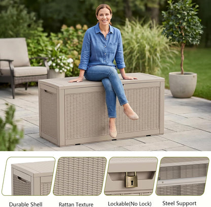 Waterproof Outdoor Storage Box Outside Deck Box Lockable Resin Bench UV Resistant Furniture Cushion Pool Tool Float Bin Patio Garden Porch (Black, 120 Gallon)