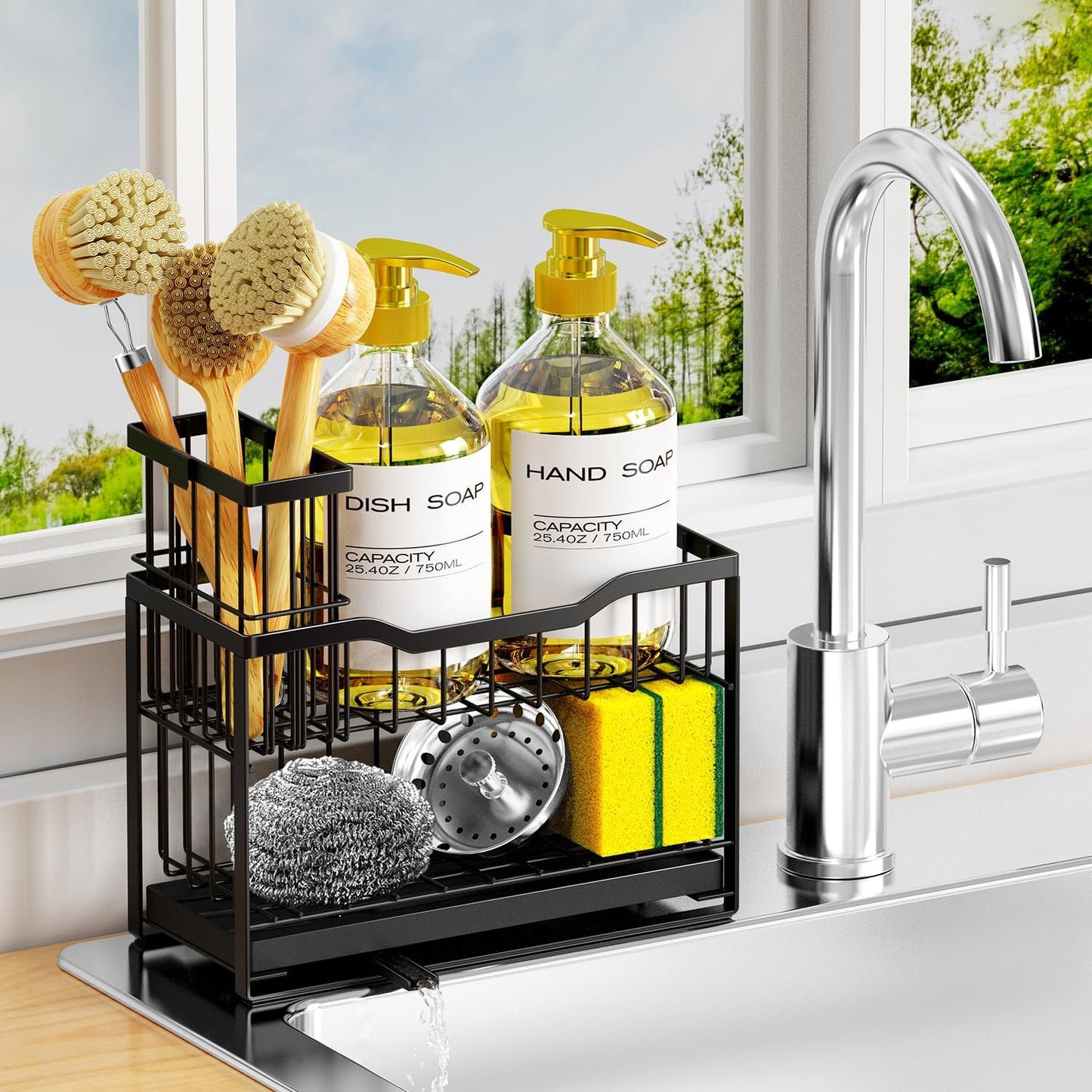 2-Tier Rustproof Kitchen Sink Caddy with Self-Draining Tray, Dish Brush & Sponge Holder, Non-Slip Base - Black