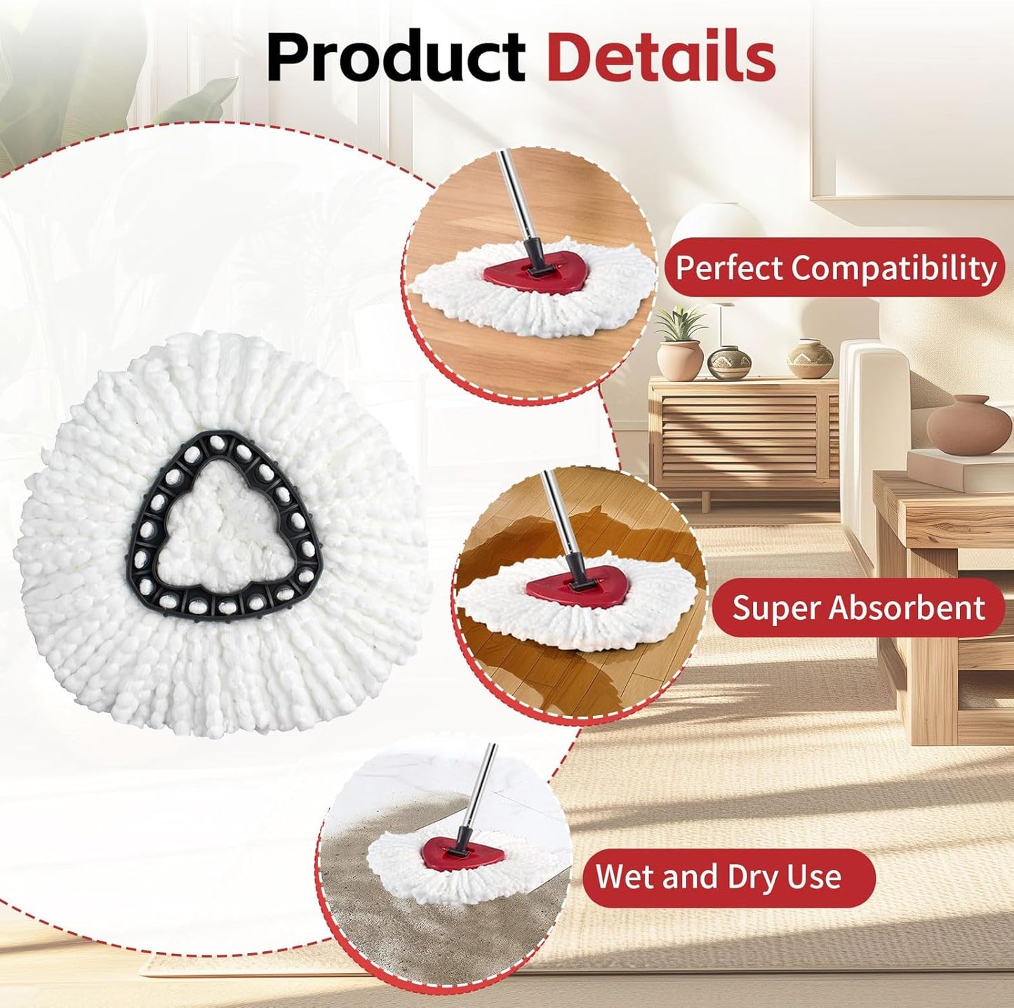 ANREKEYH Spin Mop Replace Head, Base, Handle Compatible with O Cedar EasyWring Microfiber Spin Mop, 2 Mop Refills Replacement Heads, 30-58in Mop Handle and 1 Mop Base Combo Set (White (1-Tank System))