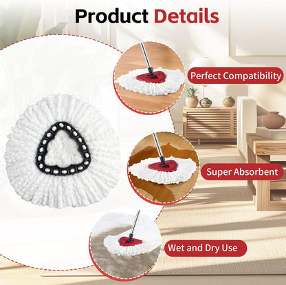 ANREKEYH Spin Mop Replace Head, Base, Handle Compatible with O Cedar EasyWring Microfiber Spin Mop, 2 Mop Refills Replacement Heads, 30-58in Mop Handle and 1 Mop Base Combo Set (White (1-Tank System))