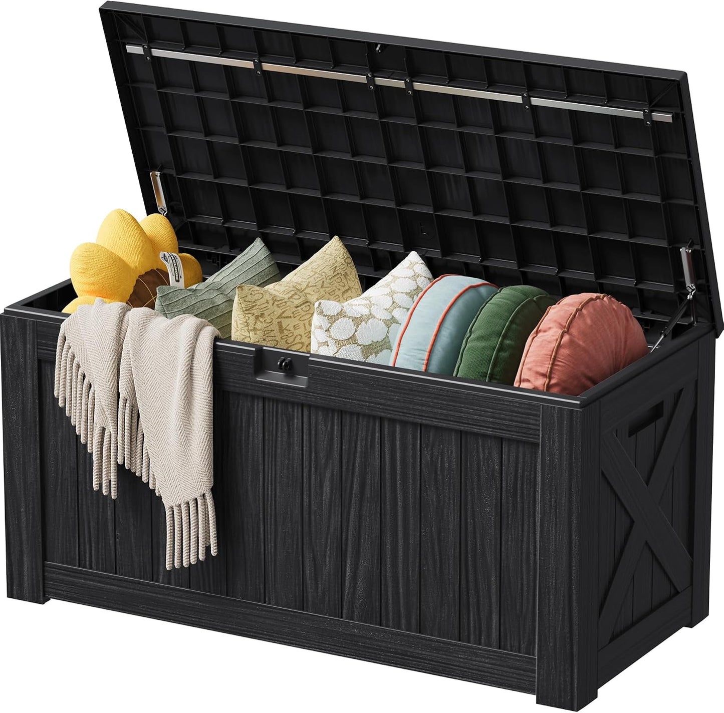 Devoko 100 Gallon Waterproof Large Resin Deck Box Indoor Outdoor Lockable Storage Container for Patio Furniture Cushions Garden Tools (100 Gallon, Black)