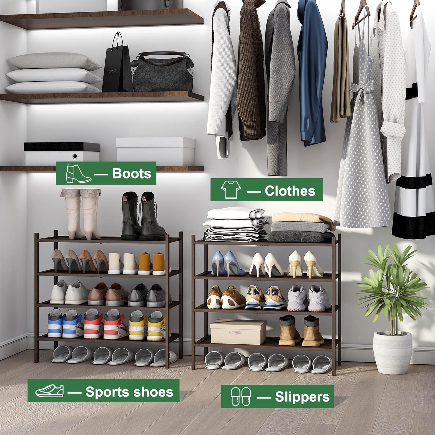 kiplant Small Shoe Rack, 4-Tier Bamboo Wood Shoe Rack for Entryway, Stackable Shoe Organizer for Hallway Closet, Free Standing Shoe Racks for Indoor & Outdoor
