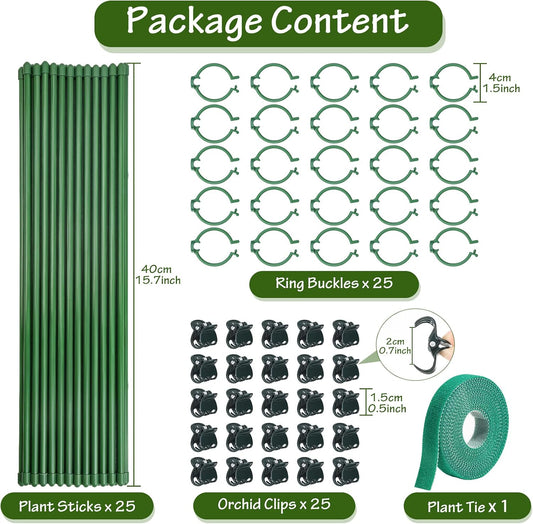 76pcs Plant Stakes for Indoor Plants, 25 Pack 16 inch Plant Support Stakes | Fiberglass Garden Plant Sticks Support with Rings Clips &Tie for Indoor and Outdoor Plants Flowers Tomatoes Orchid