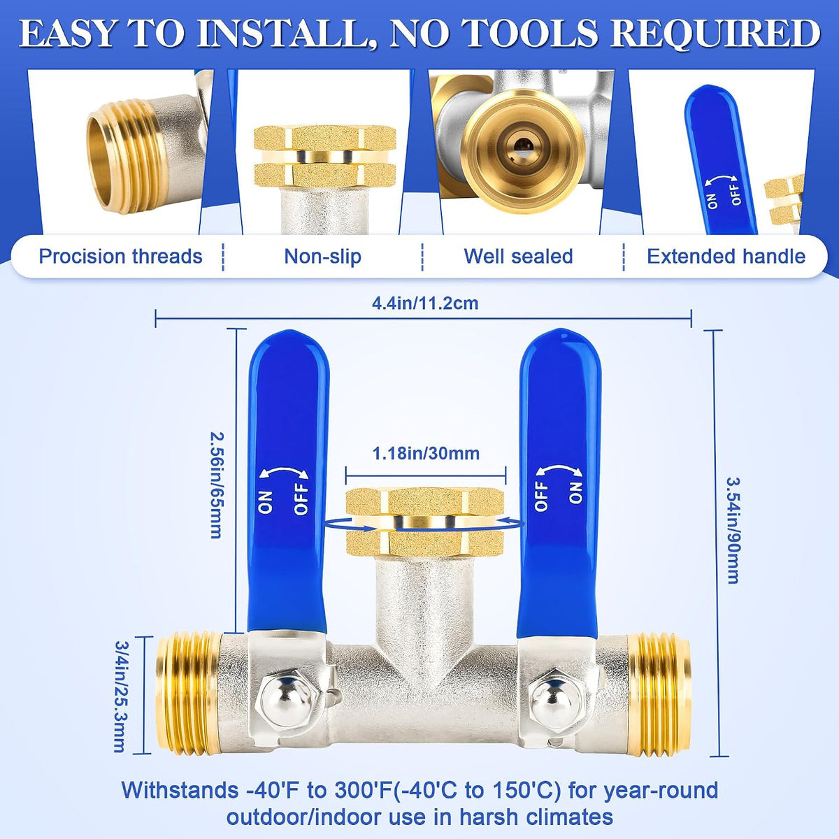 EJW Hose Splitter 2 Way, Garden Hose Splitters, Heavy Duty Faucet Splitter,Rv Brass Water Hose Y Splitter, Double Hose Connector, Spigot Splitter, Two Way Hose Manifold Valve 3/4 Inch GHT Thread.