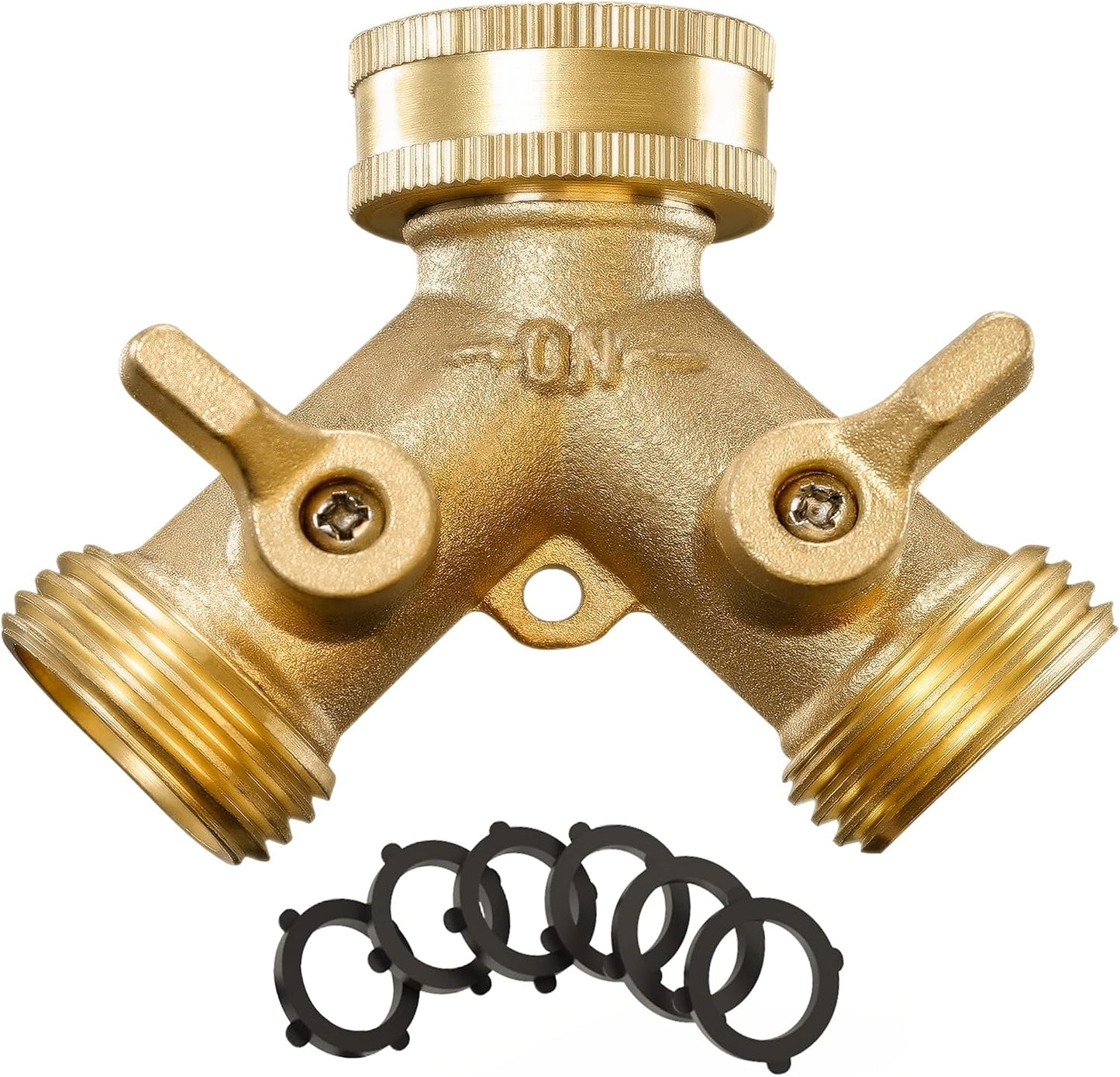 IPOW Solid Brass Body Backyard 2 Way Heavy Duty Y Valve Garden Hose Connector Splitter Adapter + 6 Rubber Hose Washers with Comfort Grip Use