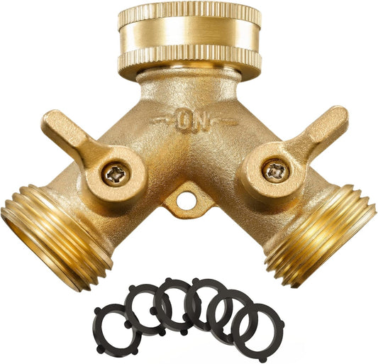 IPOW Solid Brass Body Backyard 2 Way Heavy Duty Y Valve Garden Hose Connector Splitter Adapter + 6 Rubber Hose Washers with Comfort Grip Use