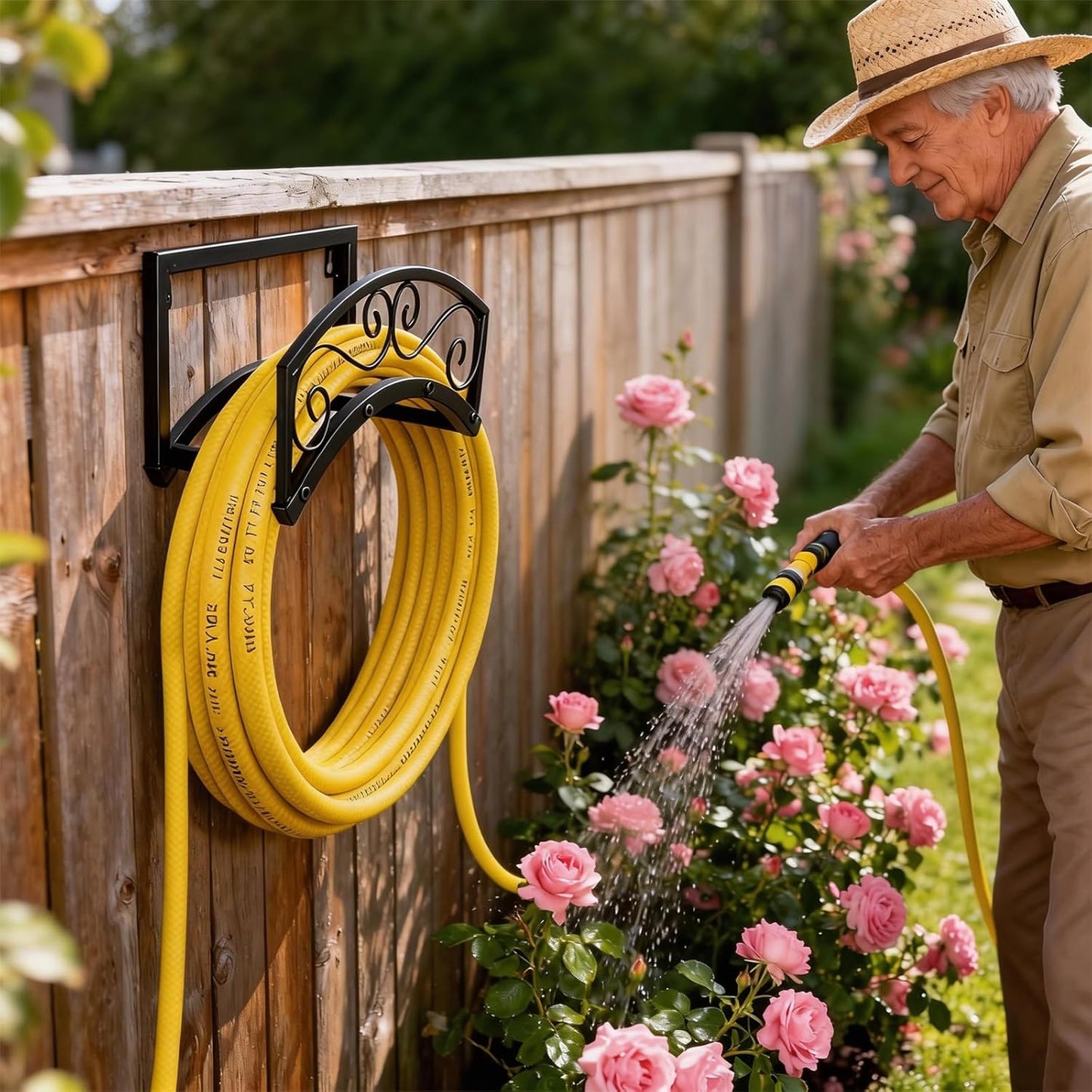 BOLITE Garden Hose Holder Wall Mount, Heavy Duty Metal Water Hose Holder with Basket for Outside, Hose Storage Holds 150FT Water Pipe for Yard, Lawn, Garden, Farm, Gifts for Women Men